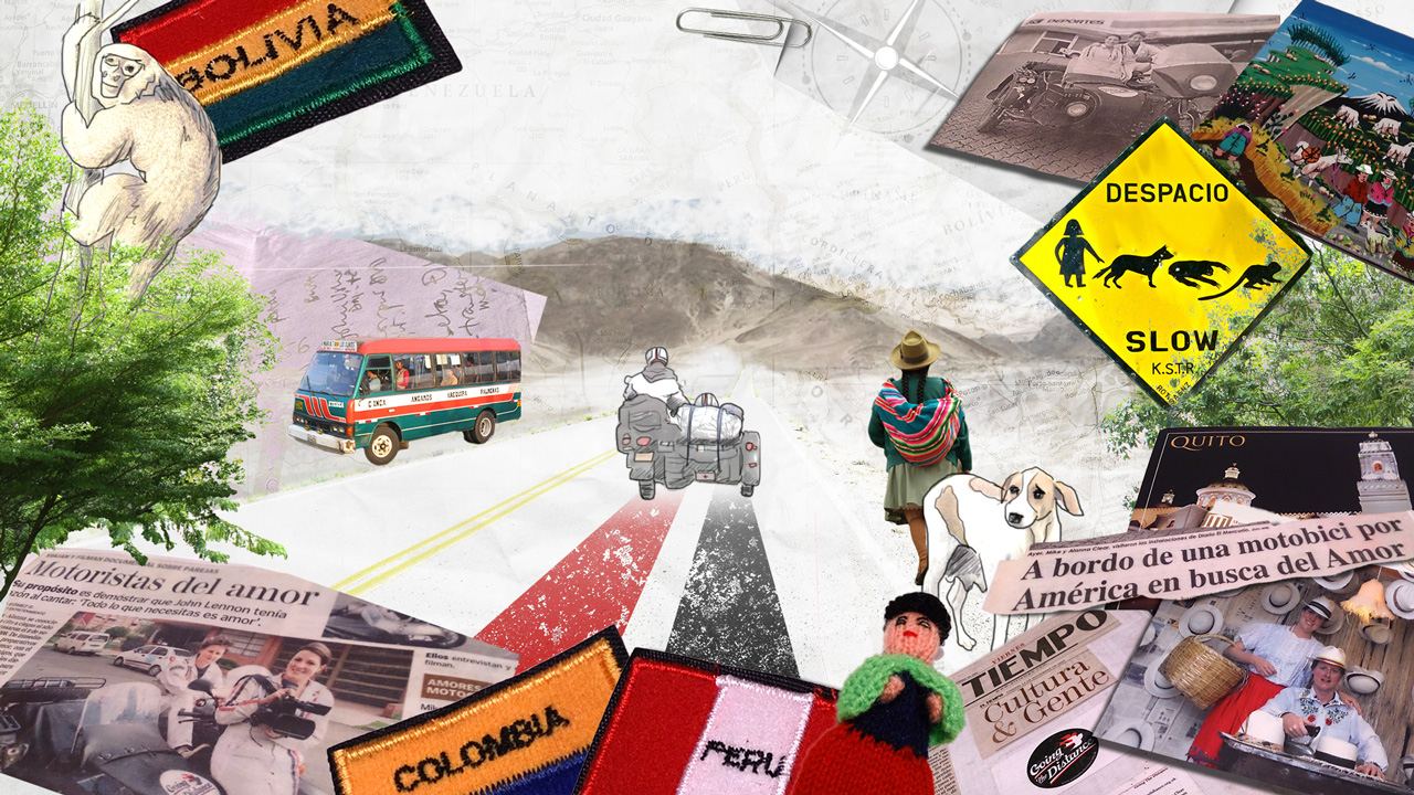 Collage by Angel: a Bolivian road with a minibus, a woman in a shawl, newspaper cuttings and Colombia and Peru patches